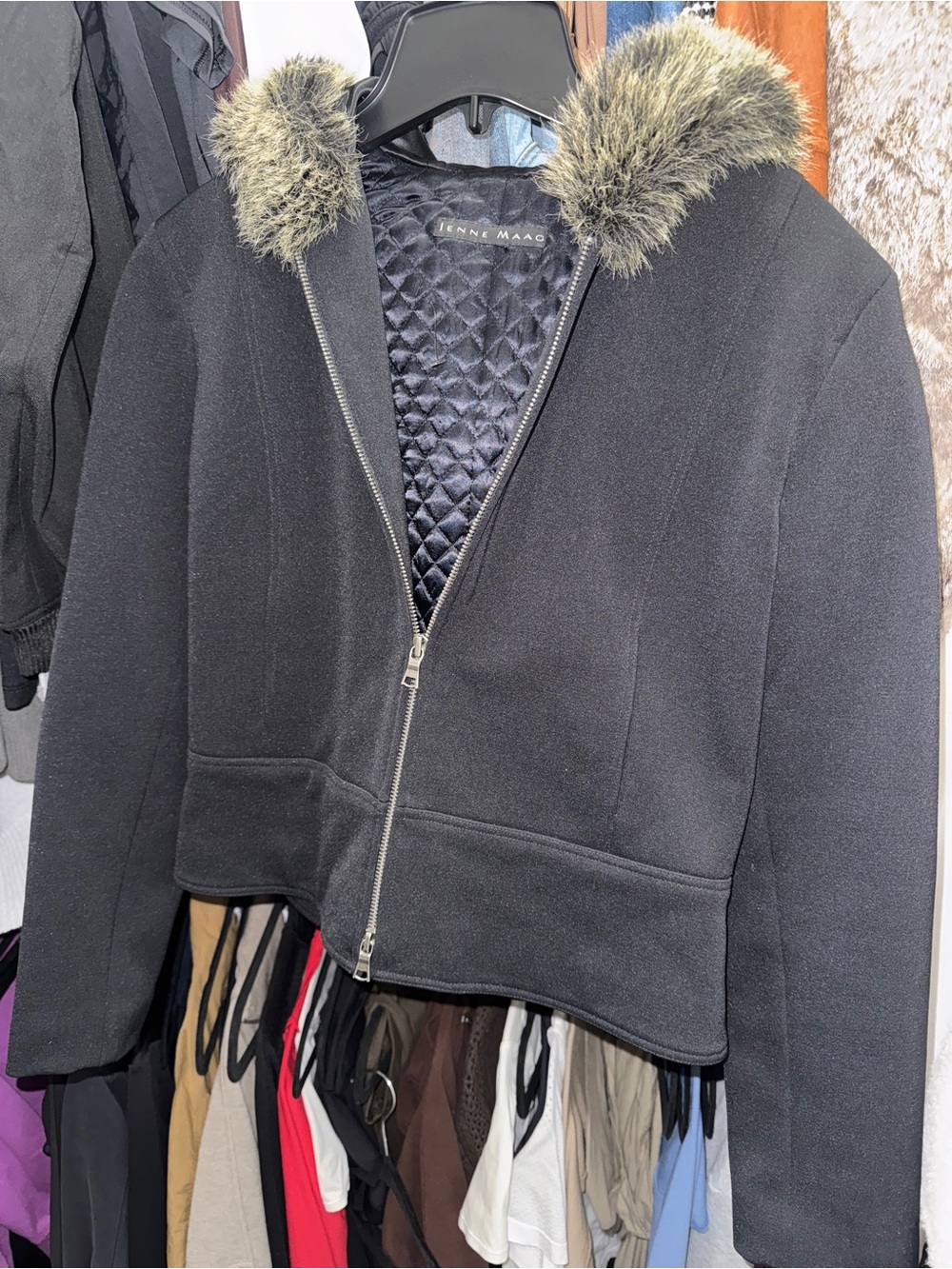 Tenne Maag Women's Black Wool-Blend Hooded Pea Coat with Faux Fur Trim